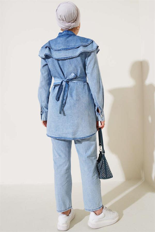 Pearl Baby Collar Denim 2 Piece Set Denim Blue