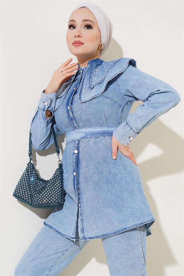 Pearl Baby Collar Denim 2 Piece Set Denim Blue