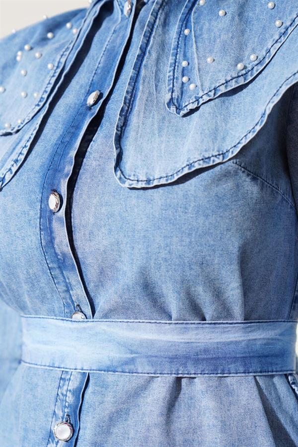 Pearl Baby Collar Denim 2 Piece Set Denim Blue