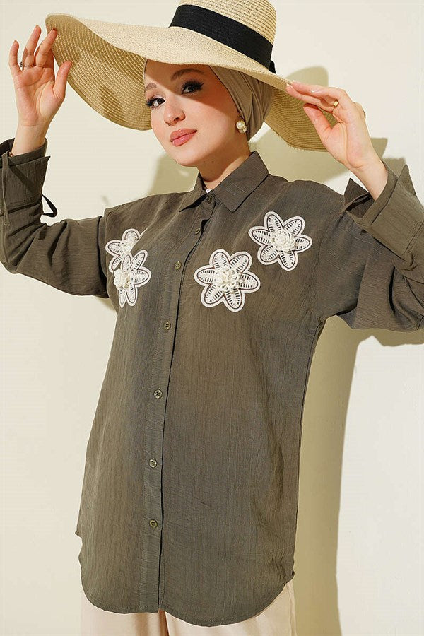 Modal Shirt with Pearl and Flower Embroidery, Khaki