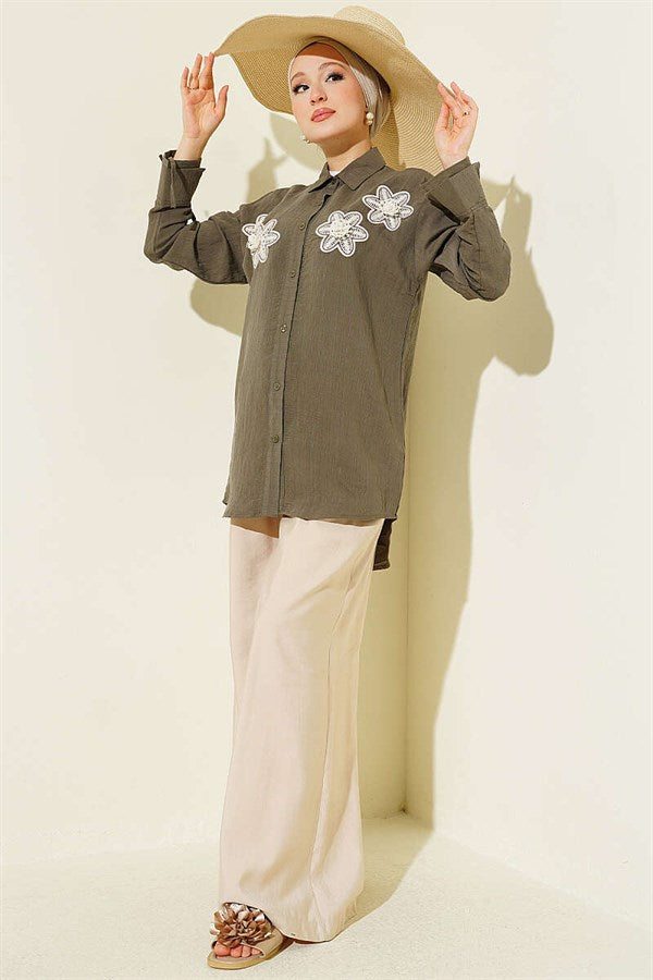 Modal Shirt with Pearl and Flower Embroidery, Khaki