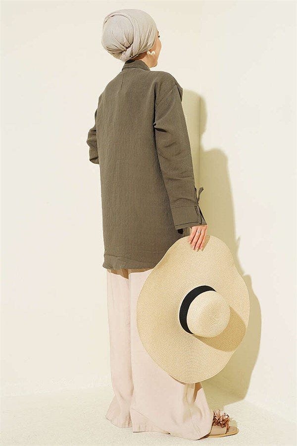 Modal Shirt with Pearl and Flower Embroidery, Khaki