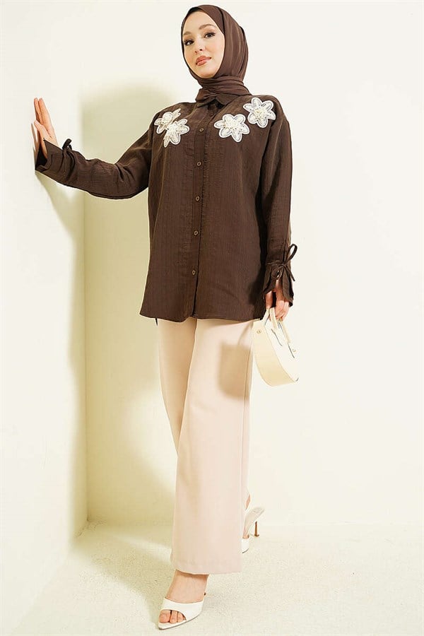 Beaded Flower Embroidered Modal Shirt, Coffee