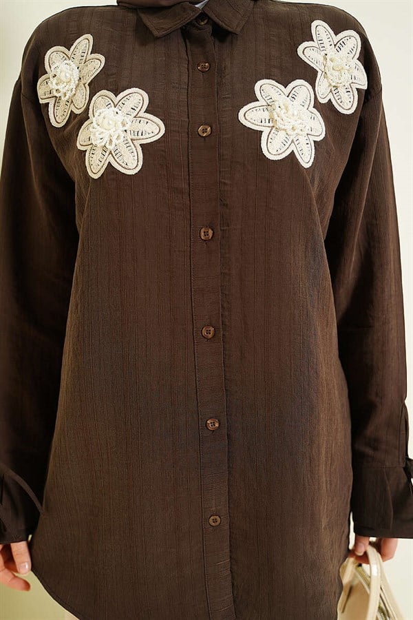 Beaded Flower Embroidered Modal Shirt, Coffee
