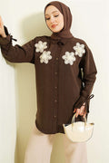 Beaded Flower Embroidered Modal Shirt, Coffee