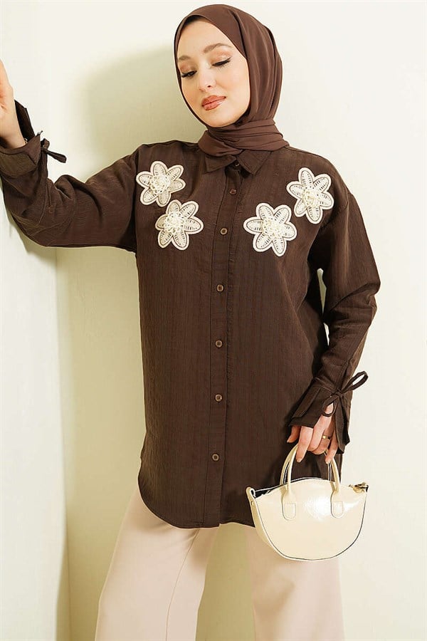 Beaded Flower Embroidered Modal Shirt, Coffee