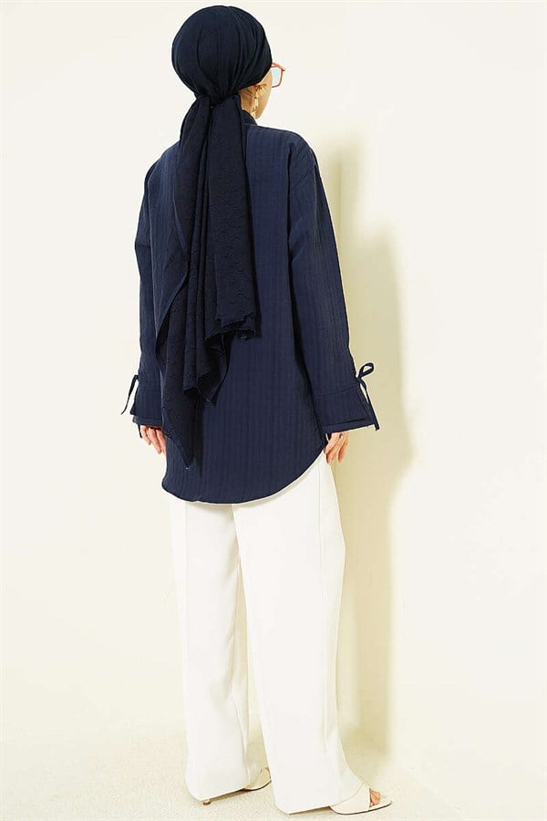 Modal Shirt with Pearl and Floral Embroidery, Navy Blue