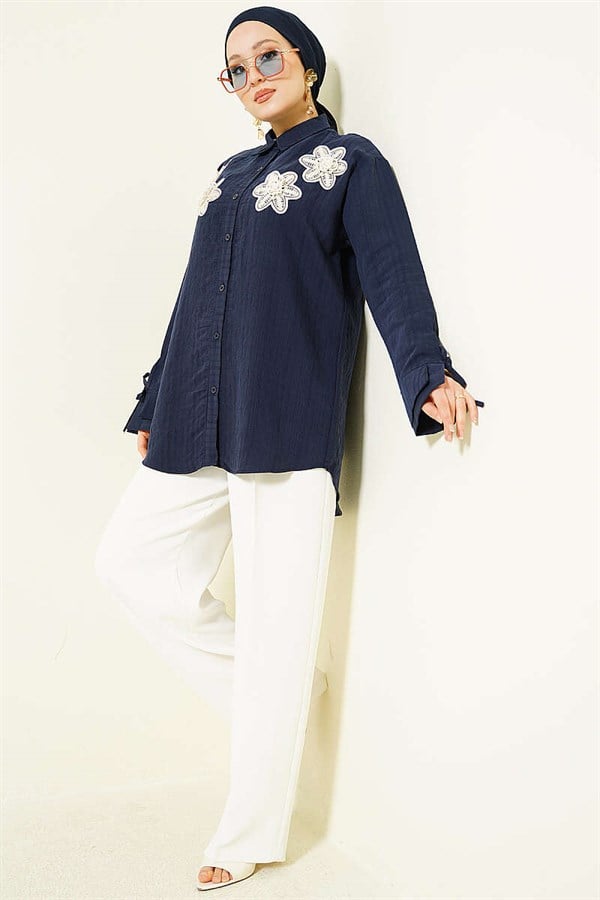 Modal Shirt with Pearl and Floral Embroidery, Navy Blue