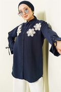 Modal Shirt with Pearl and Floral Embroidery, Navy Blue