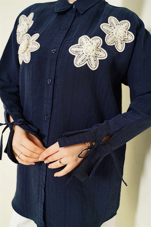 Modal Shirt with Pearl and Floral Embroidery, Navy Blue