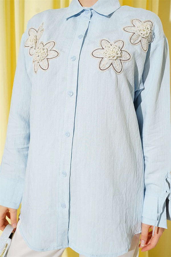 Modal Shirt with Pearl and Flower Embroidery, Blue