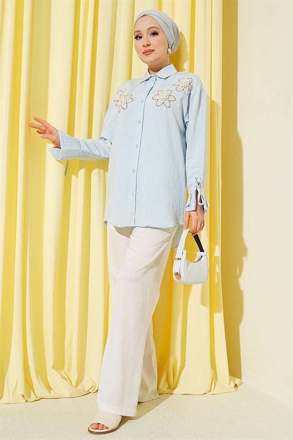 Modal Shirt with Pearl and Flower Embroidery, Blue