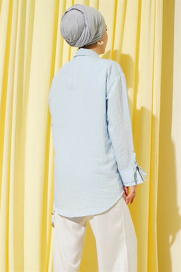 Modal Shirt with Pearl and Flower Embroidery, Blue