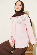 Pink Modal Shirt with Pearl and Flower Embroidery