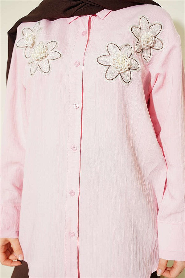 Pink Modal Shirt with Pearl and Flower Embroidery