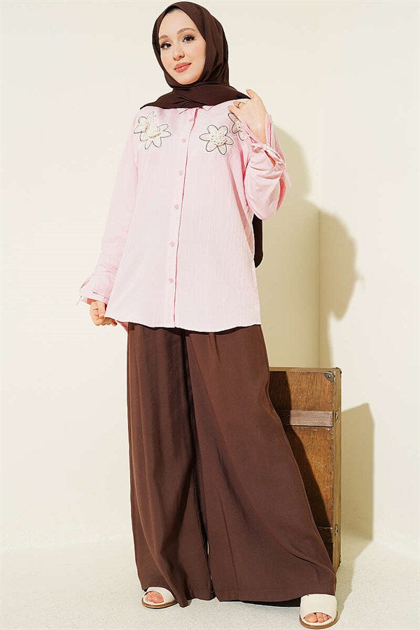 Pink Modal Shirt with Pearl and Flower Embroidery