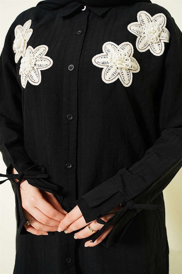 Black Modal Shirt with Pearl and Flower Embroidery