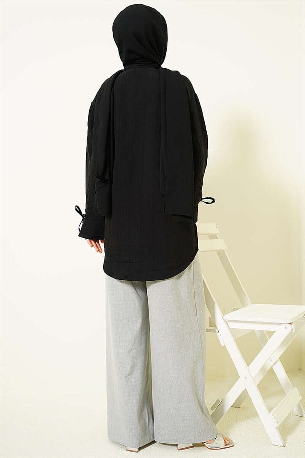 Black Modal Shirt with Pearl and Flower Embroidery