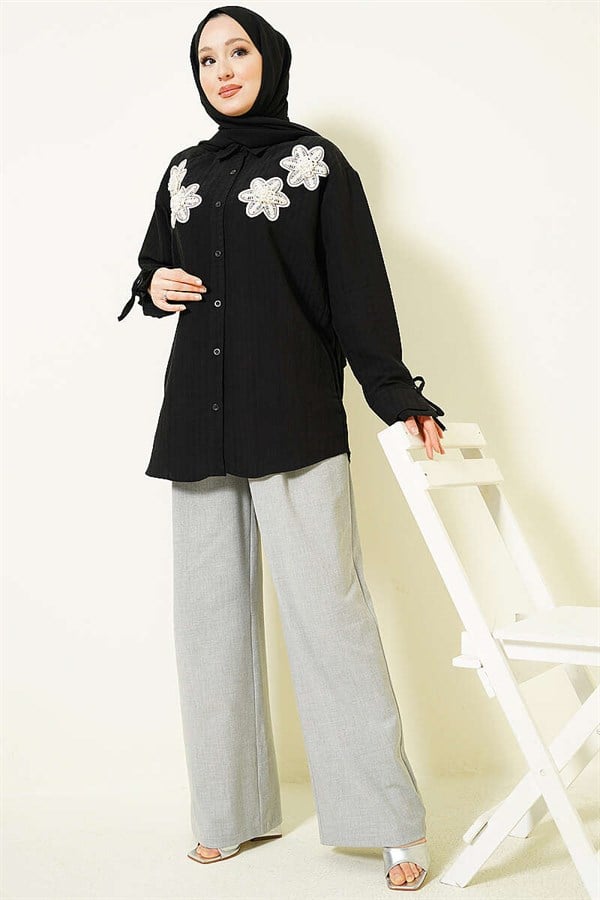 Black Modal Shirt with Pearl and Flower Embroidery