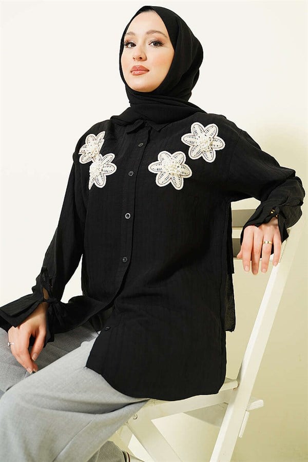 Black Modal Shirt with Pearl and Flower Embroidery