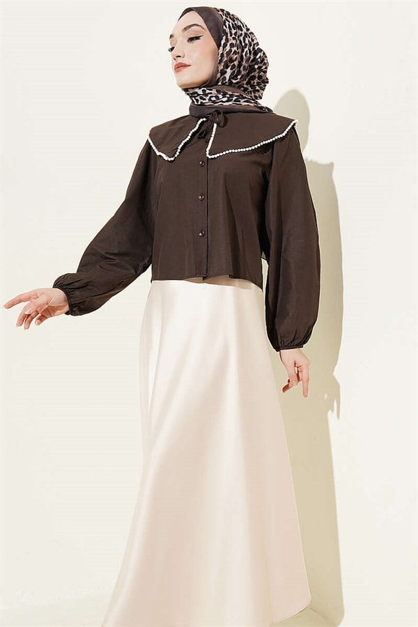 Pearl Embellished Sailor Collar Short Shirt Dark Brown