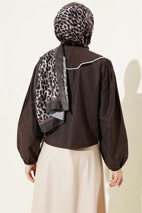 Pearl Embellished Sailor Collar Short Shirt Dark Brown