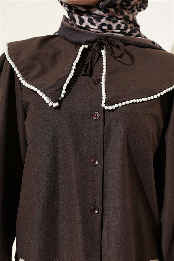 Pearl Embellished Sailor Collar Short Shirt Dark Brown
