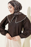 Pearl Embellished Sailor Collar Short Shirt Dark Brown