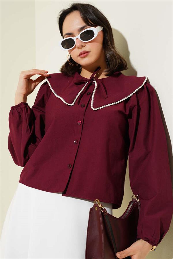 Pearl Navy Collar Short Shirt Claret Red
