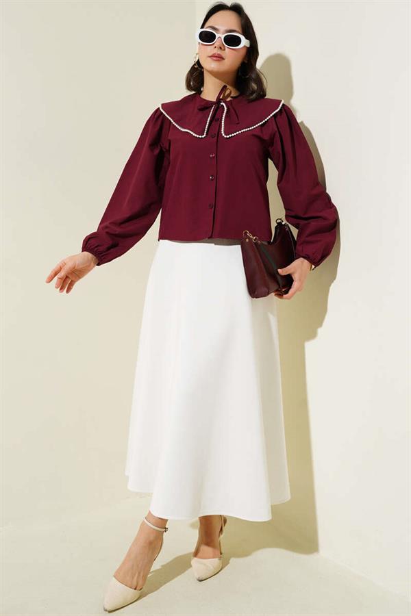 Pearl Navy Collar Short Shirt Claret Red