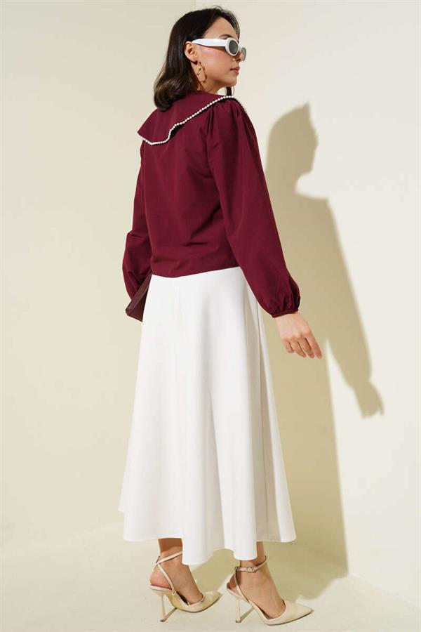 Pearl Navy Collar Short Shirt Claret Red