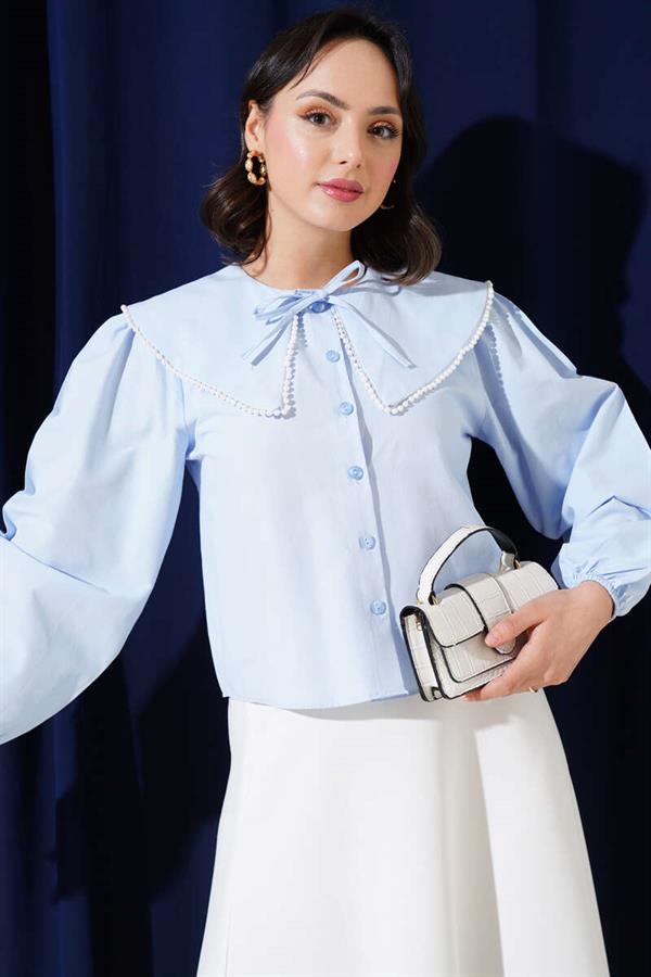 Pearl Navy Collar Short Shirt Ice Blue