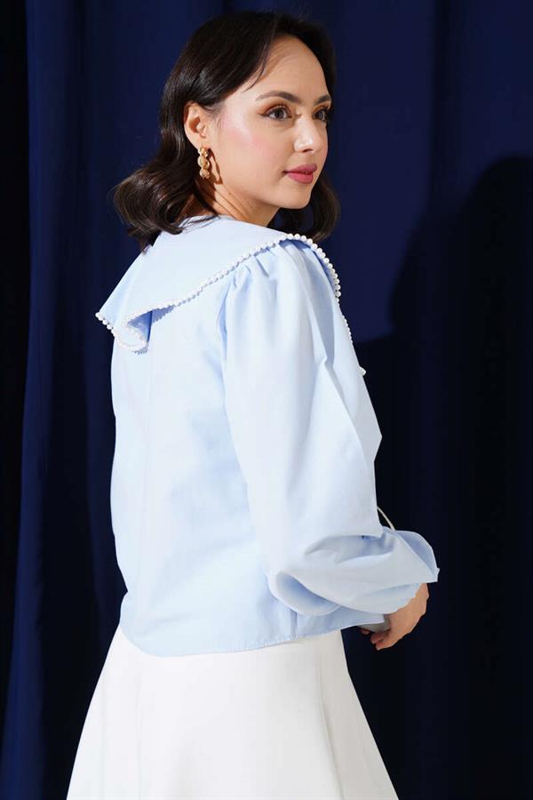 Pearl Navy Collar Short Shirt Ice Blue