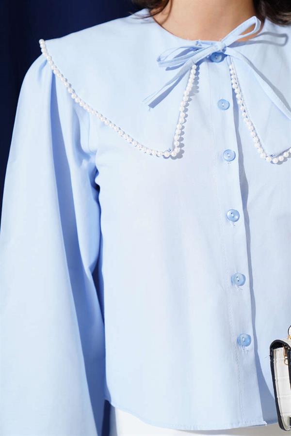 Pearl Navy Collar Short Shirt Ice Blue