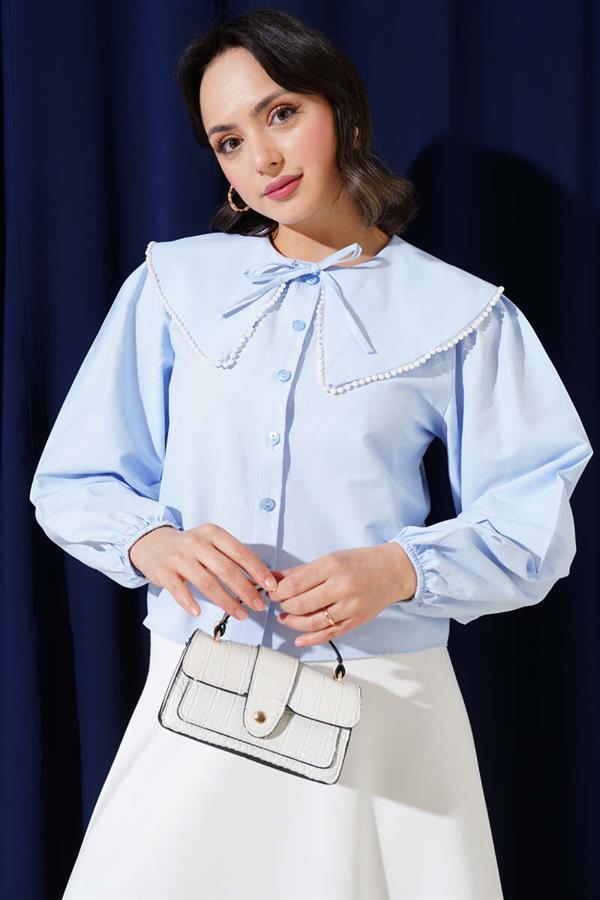 Pearl Navy Collar Short Shirt Ice Blue