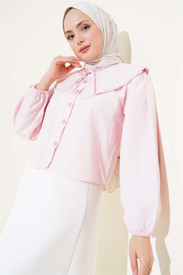 Pearl Navy Collar Short Shirt Pink