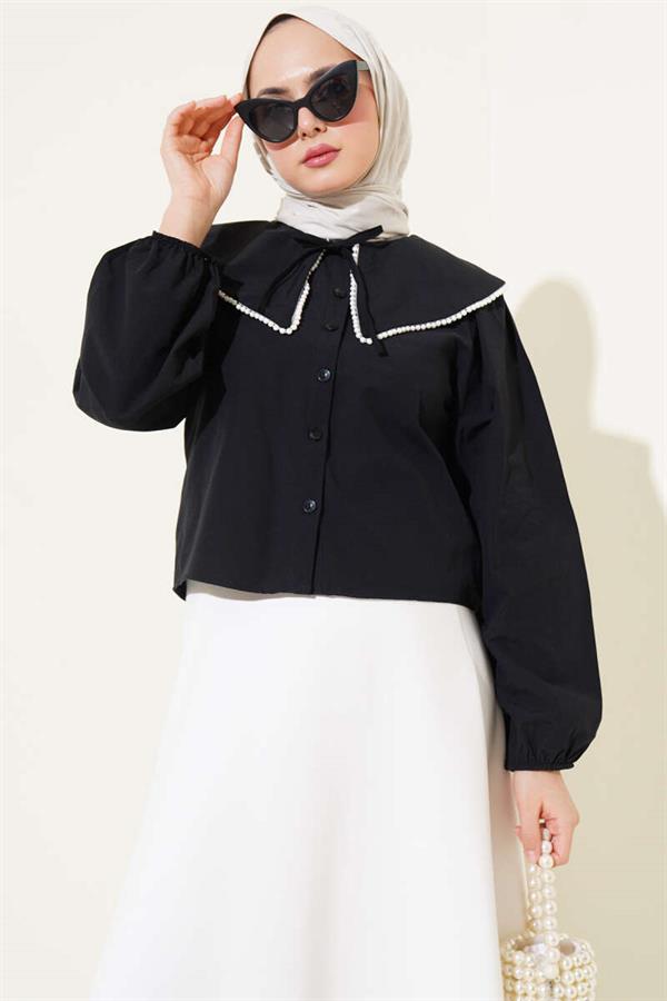 Pearl Navy Collar Short Shirt Black