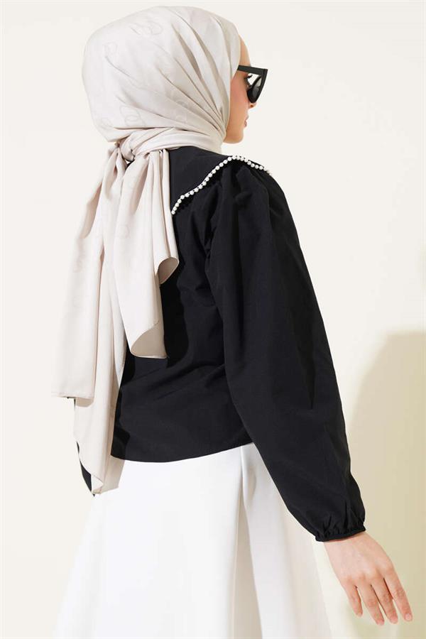 Pearl Navy Collar Short Shirt Black