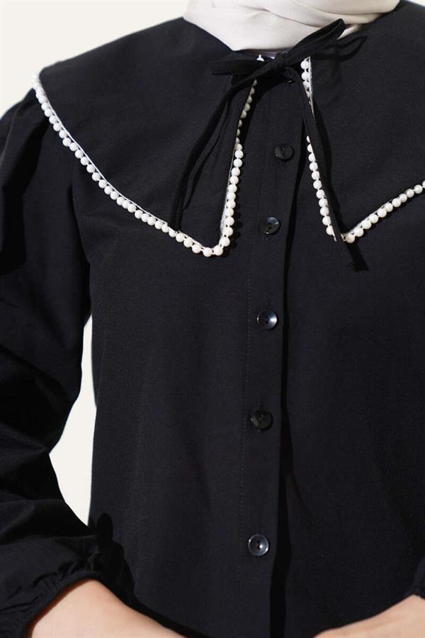 Pearl Navy Collar Short Shirt Black