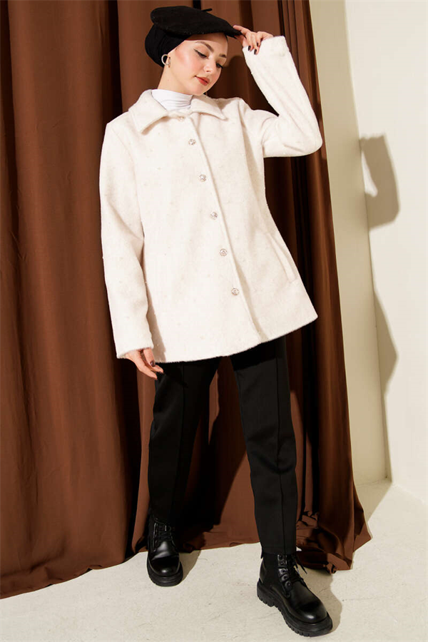 Pearl-Embellished Buttoned Faux Fur Coat, Beige
