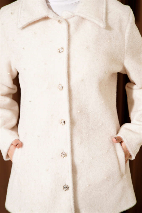 Pearl-Embellished Buttoned Faux Fur Coat, Beige