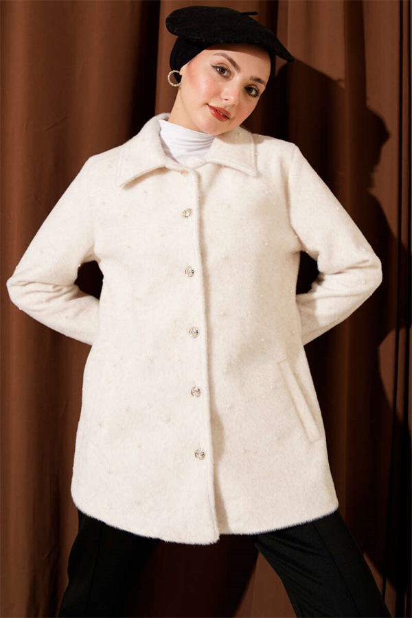 Pearl-Embellished Buttoned Faux Fur Coat, Beige