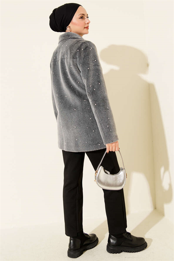 Pearl-Embellished Buttoned Horsehair Coat, Smoke Grey