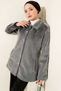 Pearl-Embellished Buttoned Horsehair Coat, Smoke Grey