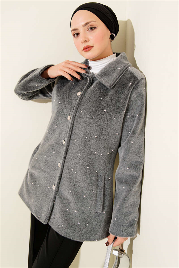 Pearl-Embellished Buttoned Horsehair Coat, Smoke Grey