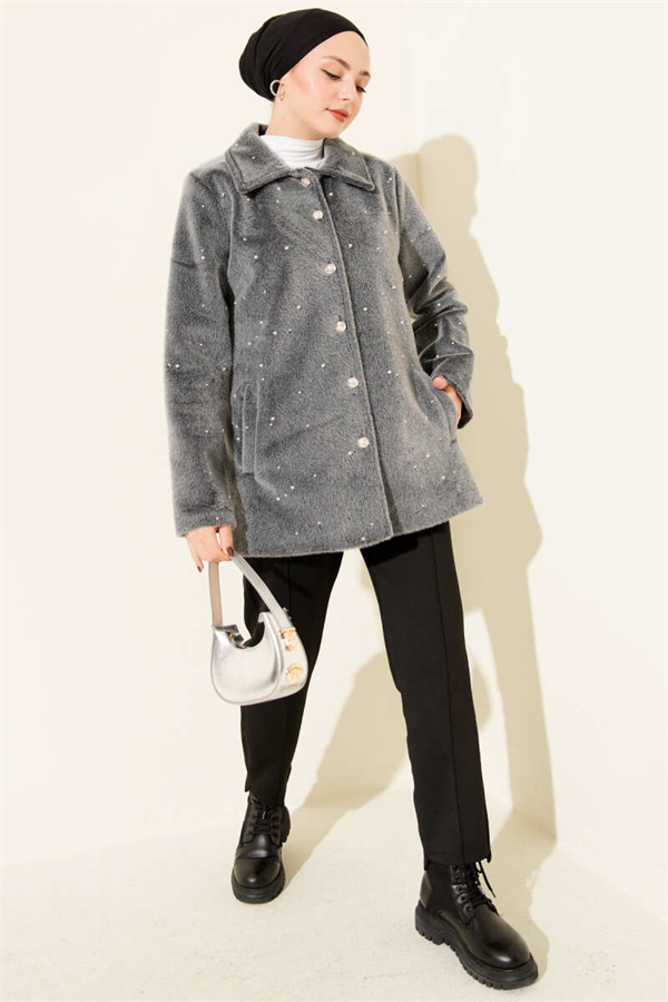 Pearl-Embellished Buttoned Horsehair Coat, Smoke Grey