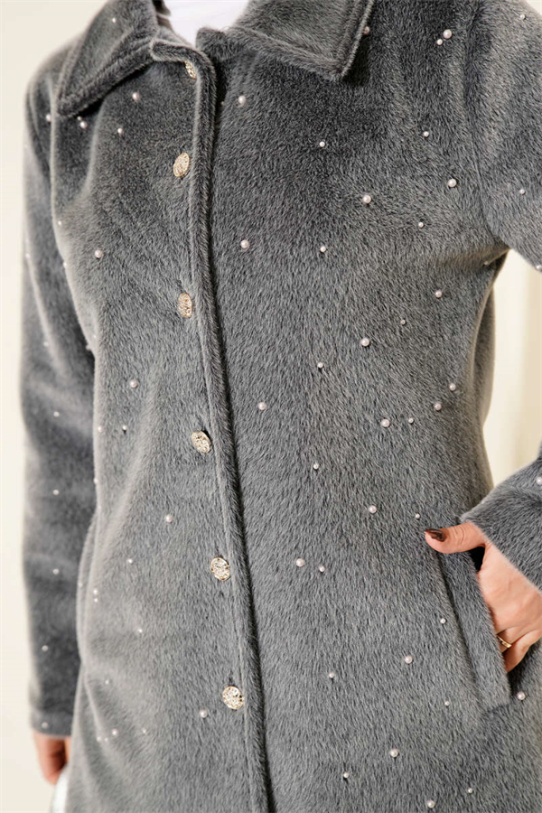 Pearl-Embellished Buttoned Horsehair Coat, Smoke Grey