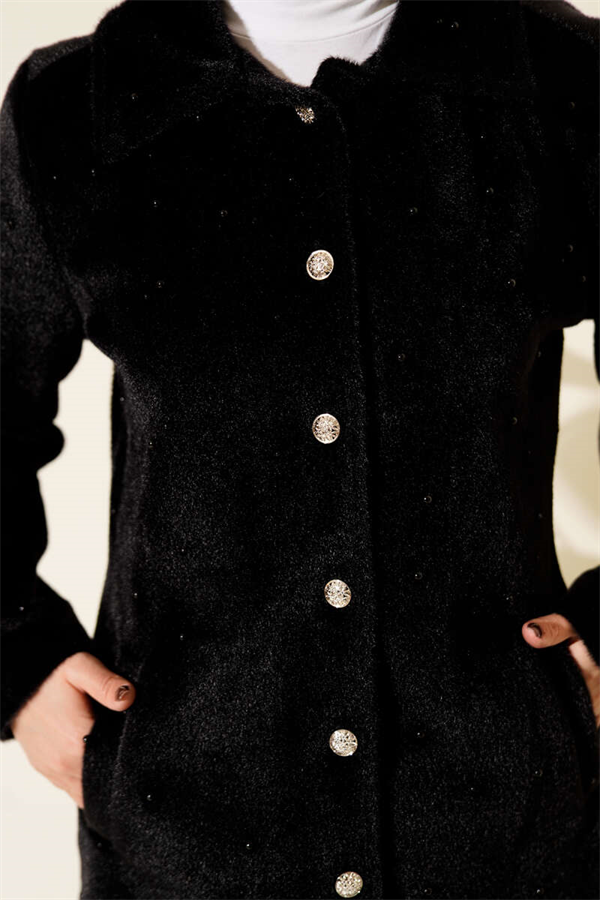 Pearl-Embellished Buttoned Faux Fur Coat, Black