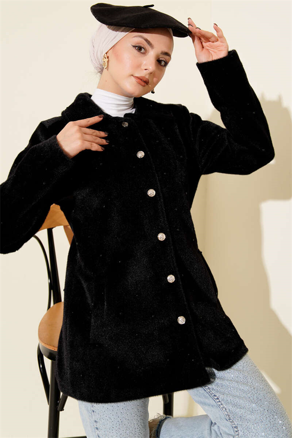 Pearl-Embellished Buttoned Faux Fur Coat, Black