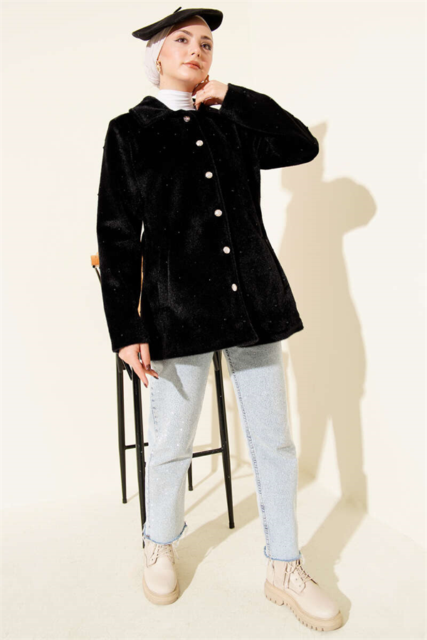 Pearl-Embellished Buttoned Faux Fur Coat, Black